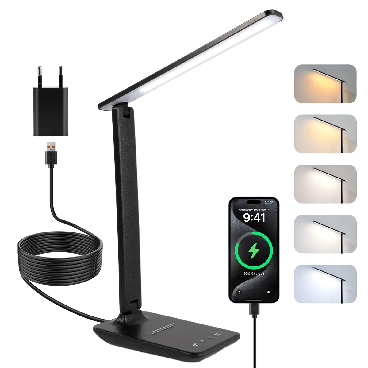 Lampada da scrivania a LED, dimmerabile, lampada da tavolo a LED con 5 colori e 5 livelli di luminosità, lampada da lettura con porta di ricarica USB, controllo touch per bambini, camera da letto