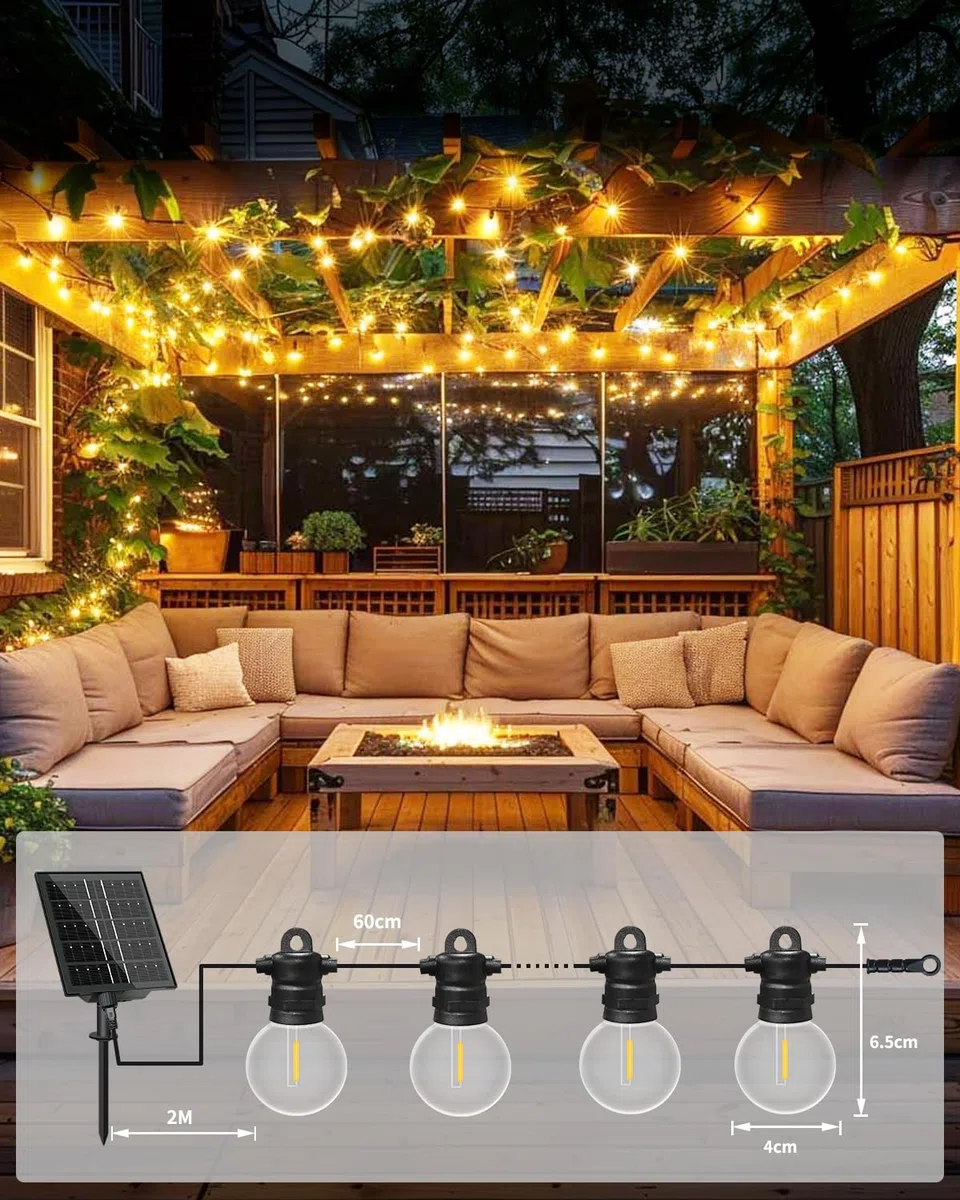 Bowfar Catena Luminosa Esterno Solare, 15M 25 + 2 G40 Lampadine Luci Solari da Giardino con Telecomando, Impermeabile IP68 Luci Gazebo Solari per Balcone, Terrazza, Feste, Giardino, Patio, Matrimonio