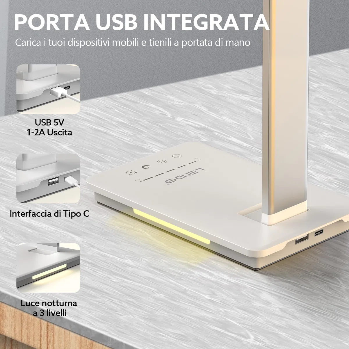 LENDOO LED Lampada Scrivania, Luce Scrivania Doppia Testa Wireless Batteria/Porte USB, 5 Modalità Colore, Luce Lettura Dimmerabile, Lampada Tavolo Touch, Per Camera, Ufficio