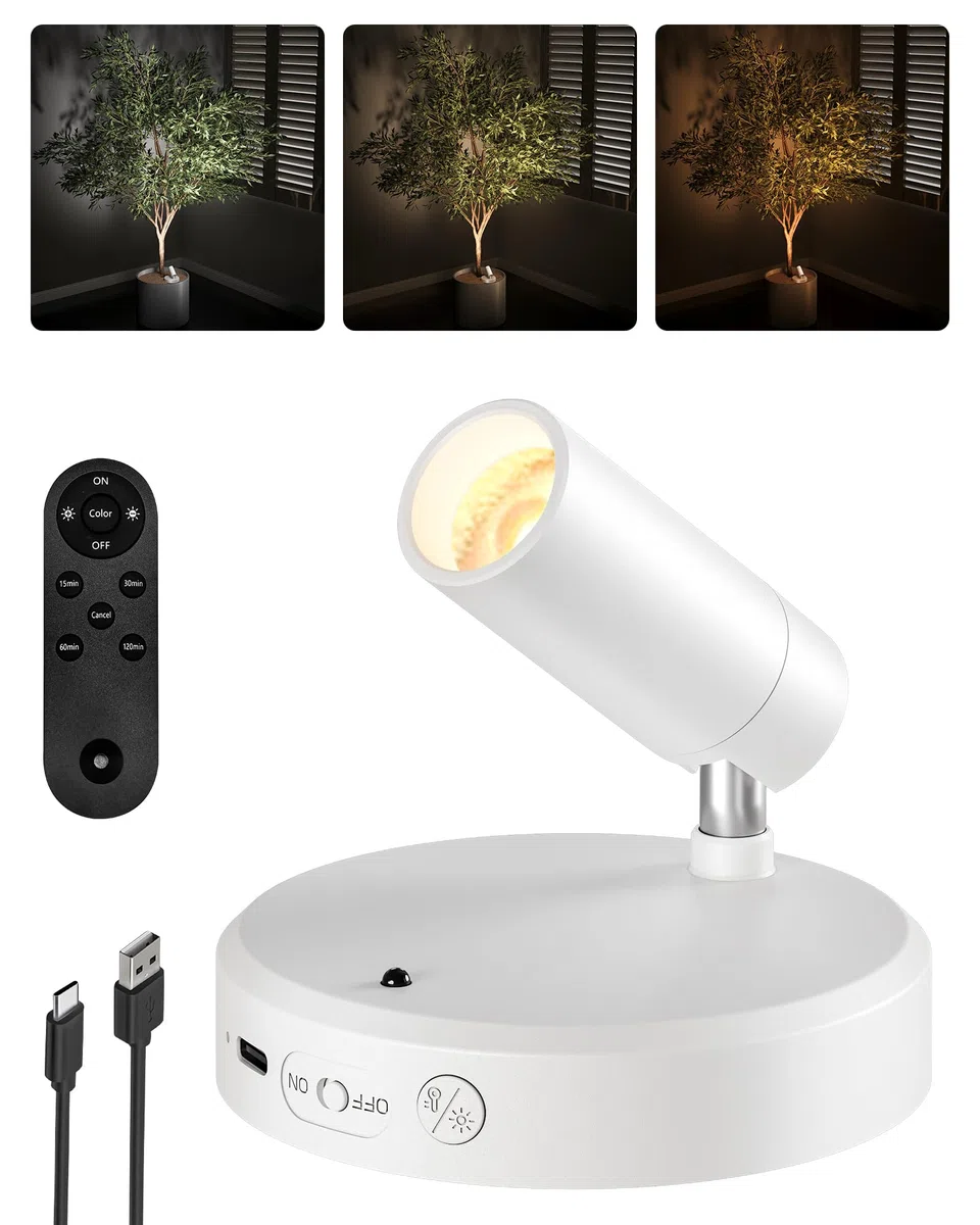 EZVALO Faretto da parete senza fili, 5500 mAh, 3 colori, dimmerabile, con telecomando e funzione timer, girevole a 350°, ricaricabile, per illuminazione di immagini, illuminazione delle piante (bianco