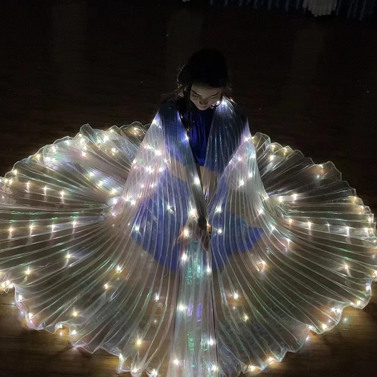 Ali da danza a LED con asta telescopica 360, design con chiusura, funzionamento a batteria, con ali di farfalla illuminate a LED, con cavo di prolunga (adulto, luce bianca)