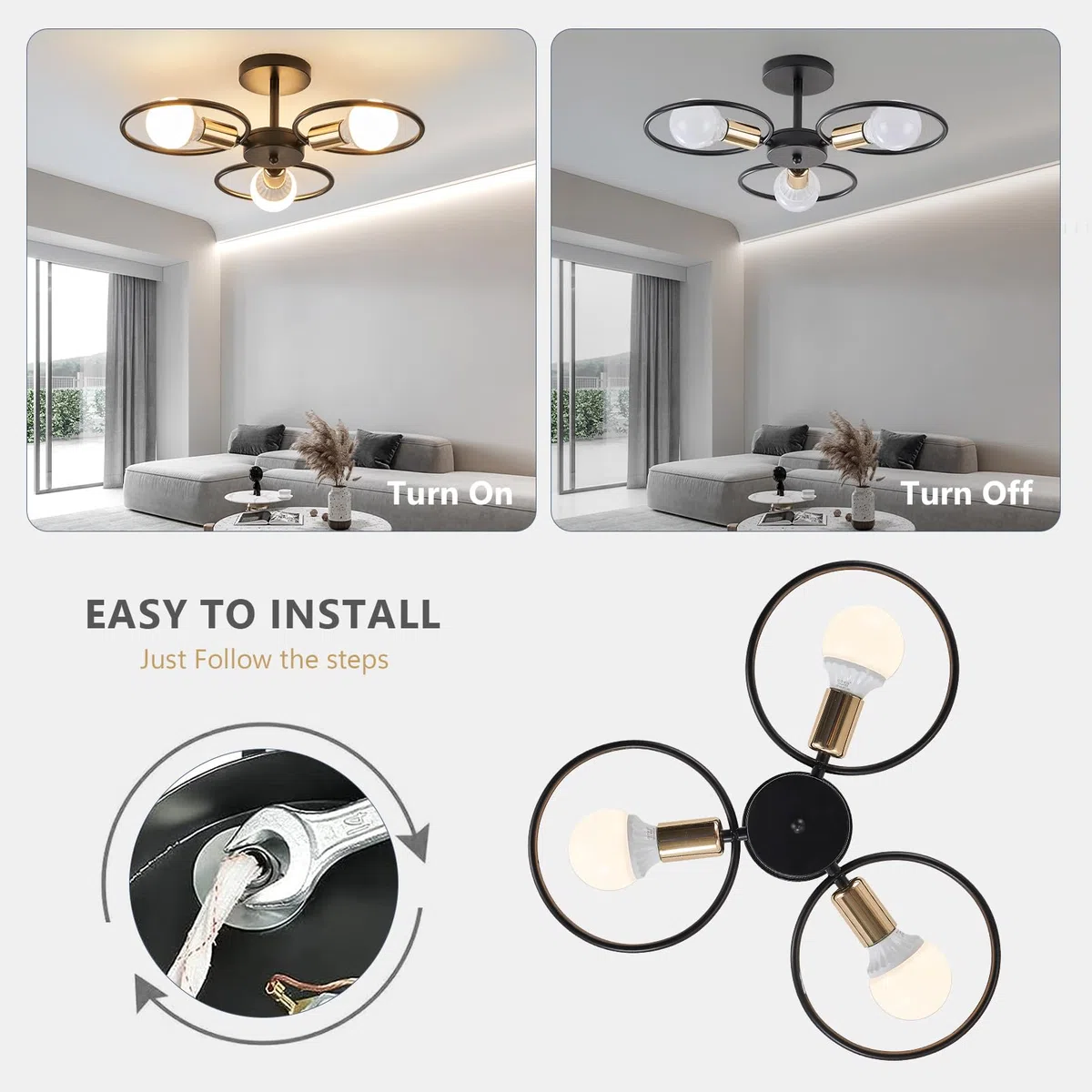 YOODI Plafoniera Soffitto Vintage 3 Lampadine, Lampadario Soggiorno Moderno Lampadari Cucina Plafoniera Cameretta con Base E27, Lampadario Bagnocon in Metallo (Senza Lampadina)