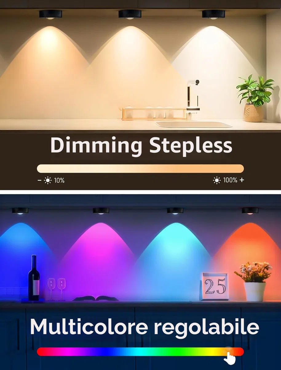 MERTTURM Luce LED Sottopensile Con Telecomando, Luce Notturna 1200mAh Ricaricabile Colorata che Cambia Lampada Armadio, Lampada Spot a LED a Senza Filo Magnetico per Armadio Vetrina, 3pz