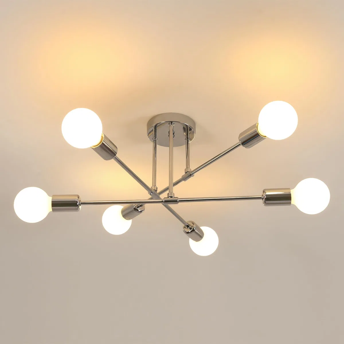 Goeco Lampadario Sputnik Vintage, E27 Plafoniera da Soffitto Industrial con 6 Portalampada, Lampada da Soffitto in Metallo per Camera da Letto Soggiorno, (Senza Lampadina), Cromo Dia. 60 cm