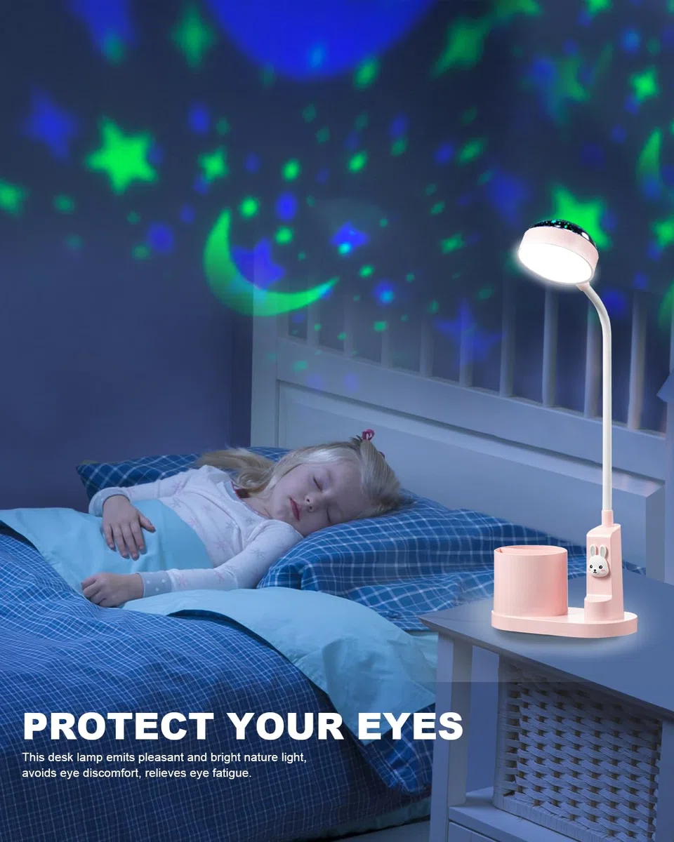 Lampada da tavolo per bambini con portapenne, carina lampada da scrivania LED, lampada da tavolo, lampada da studio per bambini con proiettore, lampada da comodino, tavolo, lampada per bambini
