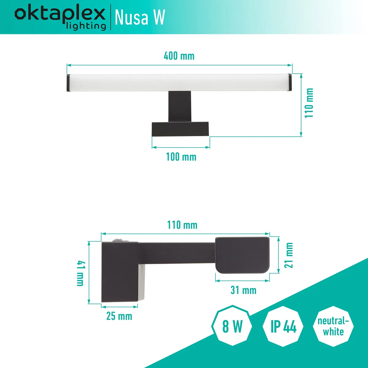 Oktaplex lighting Lampada LED a specchio da parete nera 40cm 4000K bianco neutro 8W 570lm lampada a specchi per bagno
