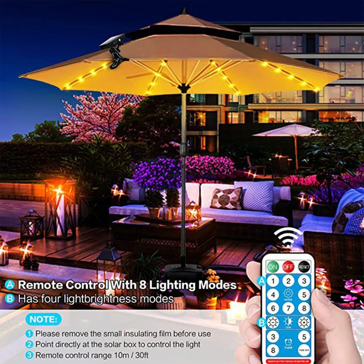 Outdoo - Ombrello a energia solare a LED con ricarica USB, con telecomando e clip, 8 modalità di illuminazione, per campeggio, giardino, decorazione per feste