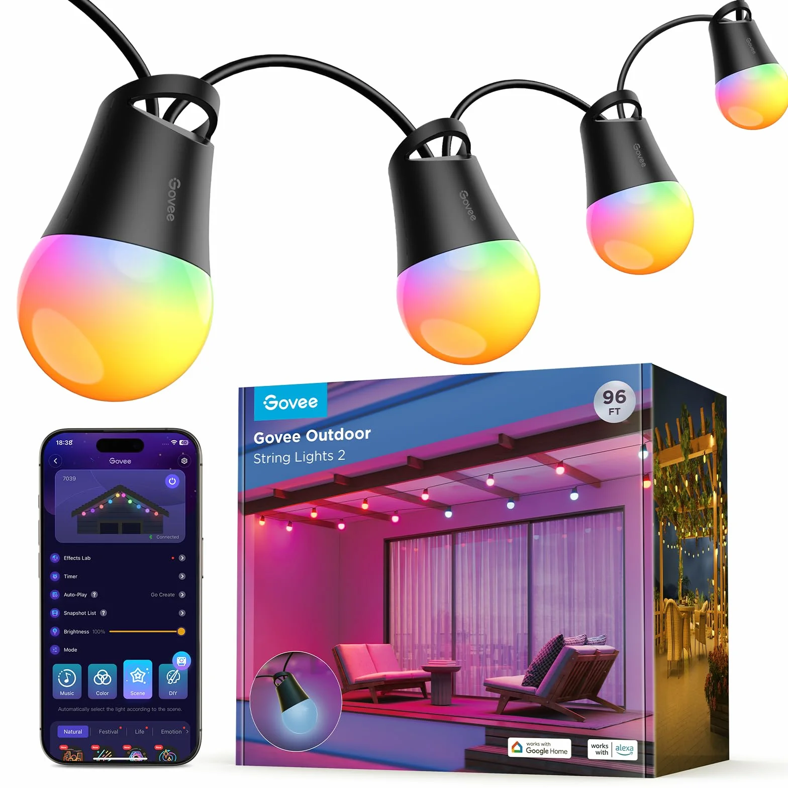 Govee Luci Esterne Intelligenti 2, Giardino LED Luci da Esterno RGBICW 30M | IP65, 100lm per Luce, 47 Scena e 16 Milioni di Colori, App Intelligente e Controllo Vocale, Durata di vita di 25000h