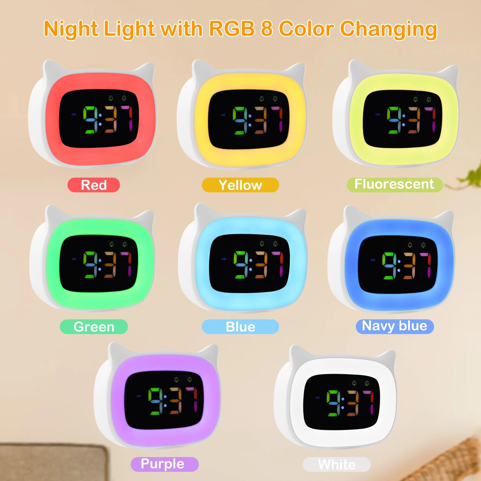 Seutgjie Sveglia Bambini, Sveglia da Comodino Bambini Ricaricabile Intelligente con RGB Luce per Ragazza Ragazzi Adolescenti 18 suonerie doppia sveglia modalità snooze 12/24 ore Bianco