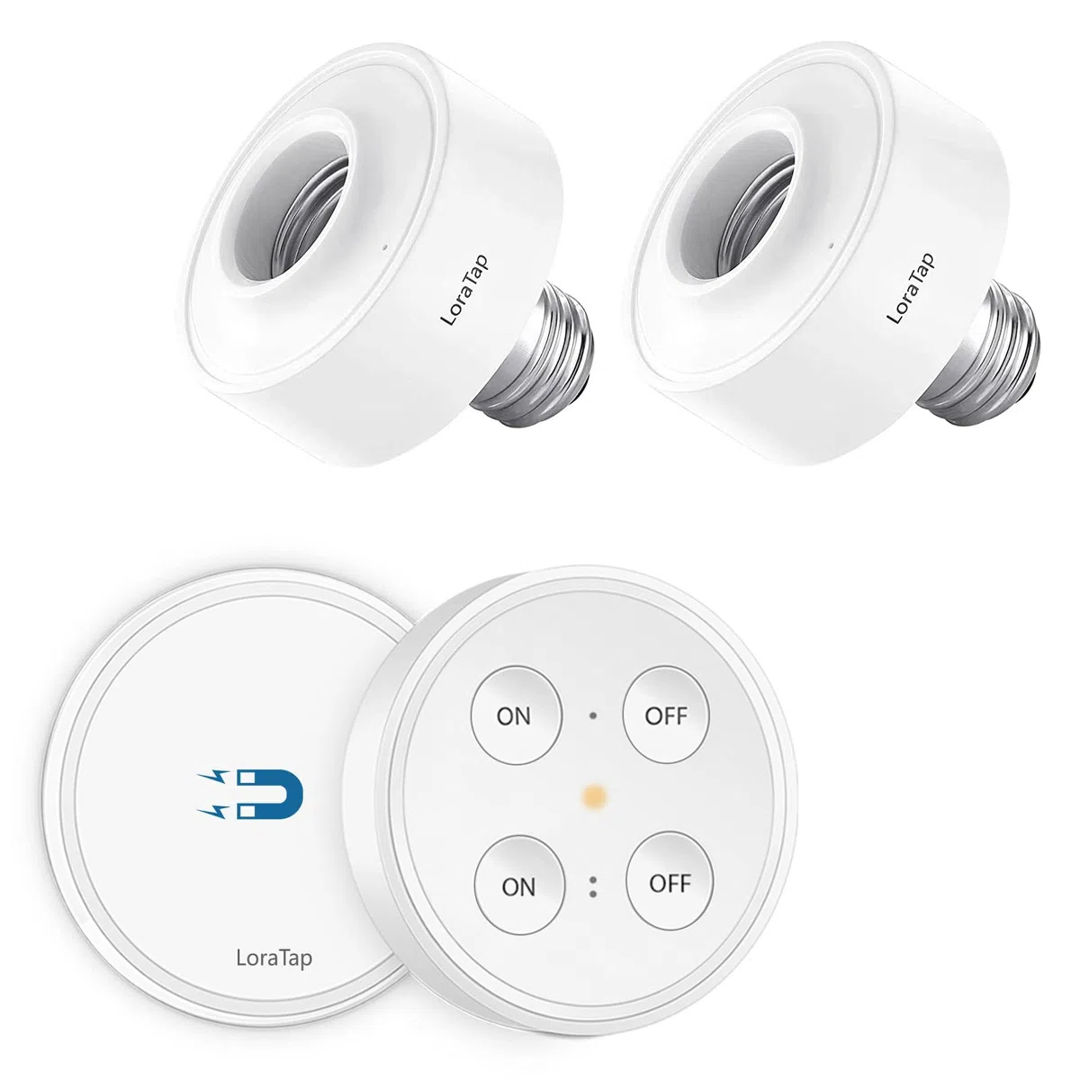 Paio Portalampada E27 Senza Fili, LoraTap 2pz Adattatore per Lampadina + Interruttore Remoto Portatile con Base Magnetica, Telecomando Fino a 200 Metri 230V, On Off Switch Wireless per Lampade
