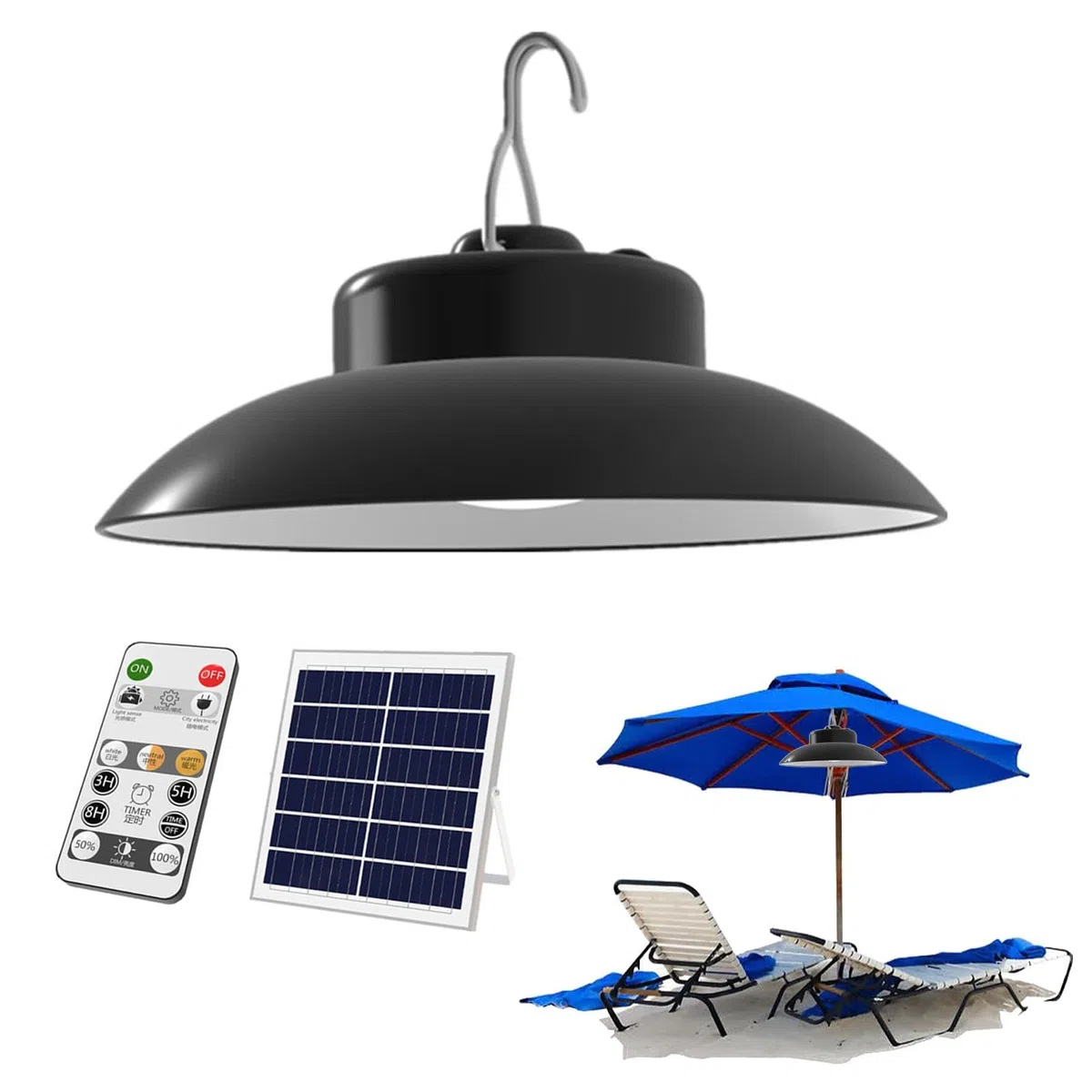 Lampada di sicurezza Luci per gazebo, Lampadario a soffitto solare | Illuminazione da esterno dimmerabile con pannello solare e remoto, luci da lavoro regolabili, luce