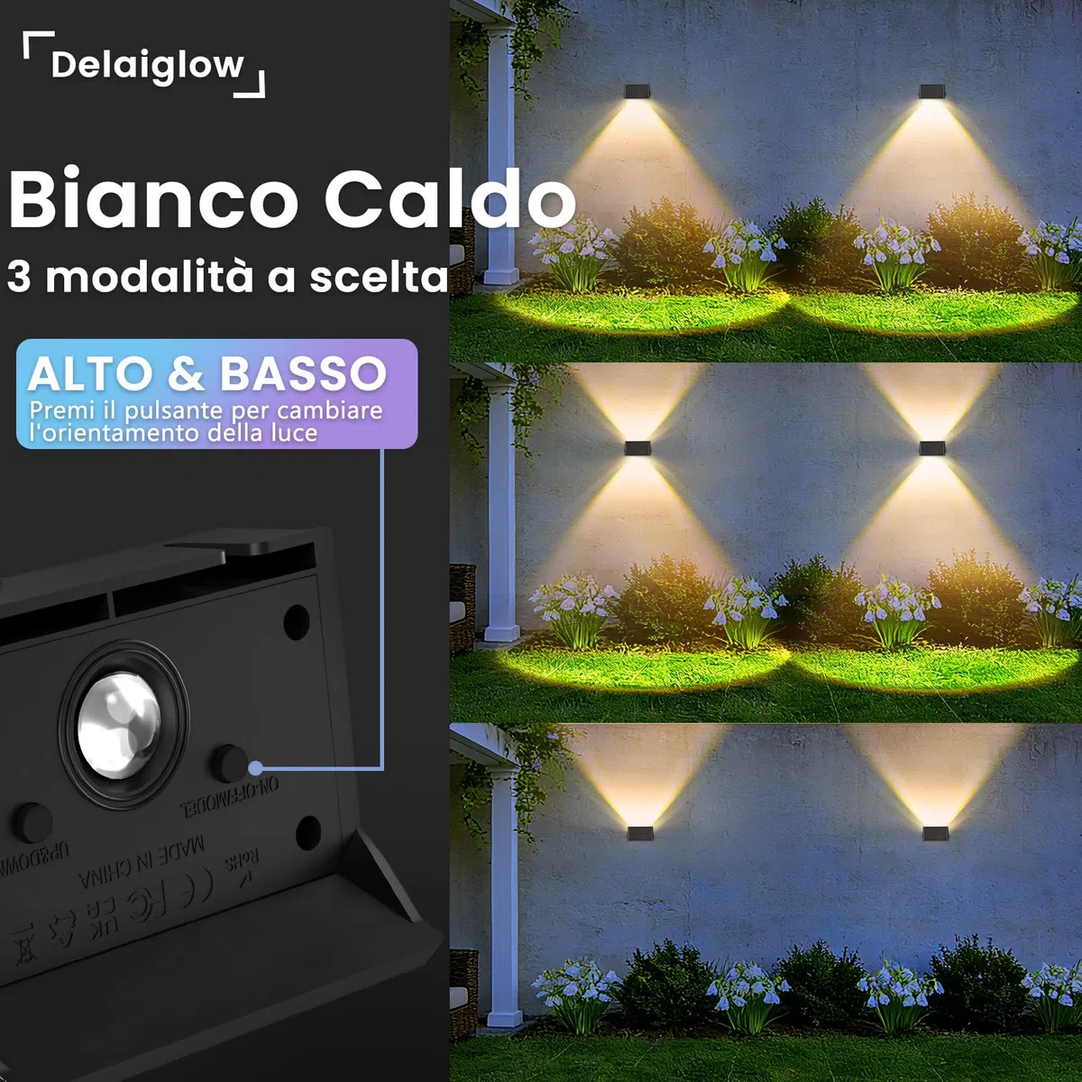 Lampada Solare da Esterno Up & Down Set da 6 Luci Solari da Esterno Bianco Caldo 3000K Faretti Solari a LED da Esterno 1000 mAh Applique Impermeabile IP67 Per Parete Giardino Terrazzo