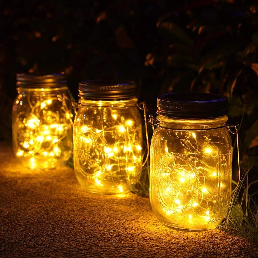 Luci Solari Giardino - 3 Pezzi Lampada 30 LED da Esterno Impermeabile barattolo Natale Feste Camera da Letto Decorazioni (Bianco caldo)
