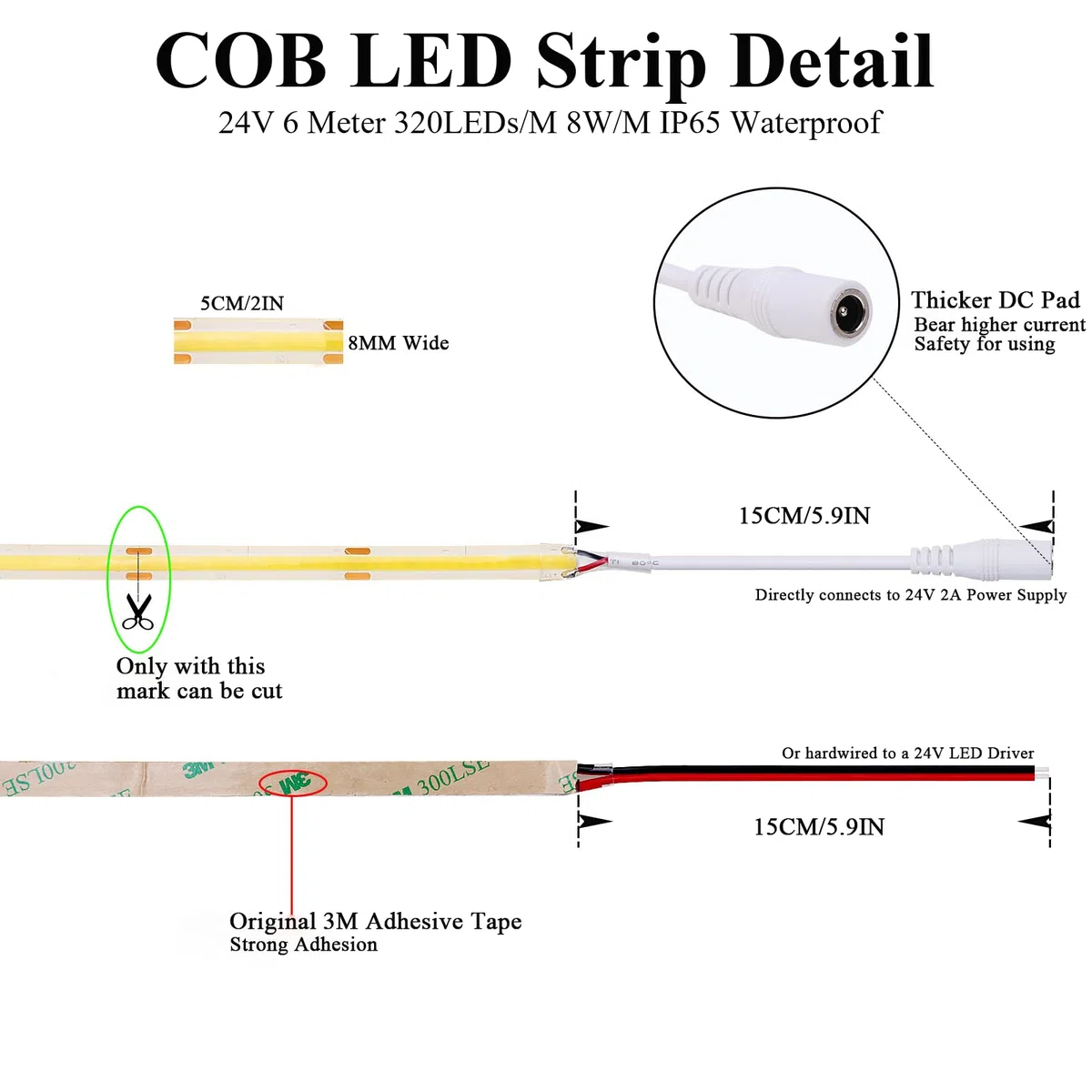 JOYLIT Striscia LED COB 24V 3000K Bianco Caldo da Interni 6 Metri 320LEDs/M 4500LM Luminosità Uniformi Luce CRI 90+ Luci Nastri Dimmerabile Flessibile Adesiva Strip LED (Solo Striscia LED)