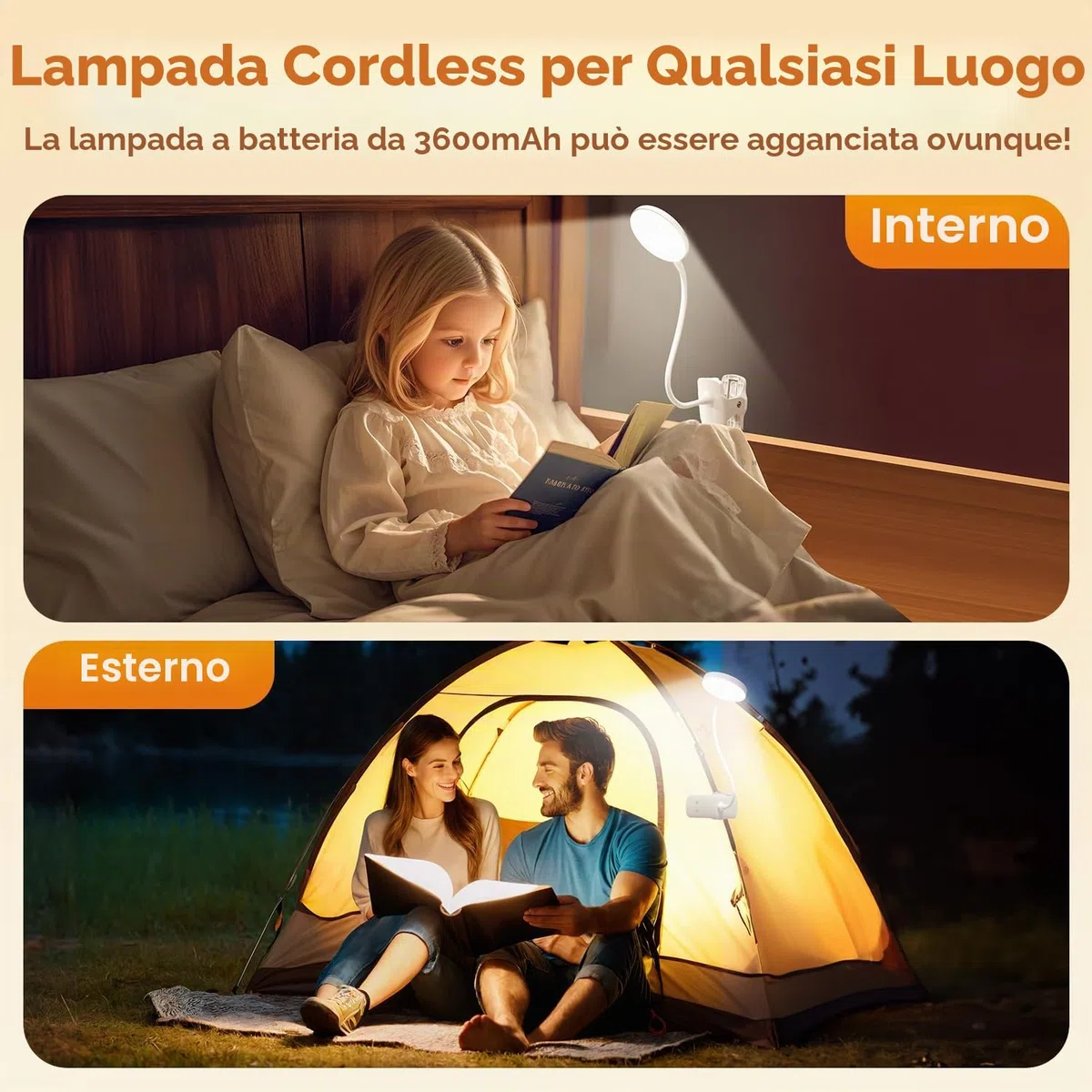Luce per Lettura Libri a Letto, 450 LM+36 LED, 25 Modalità Notturna, 3600mAh USB Lampada Ricaricabile, 360° Flessibile Con Pinza - Luci LED Camera da Letto