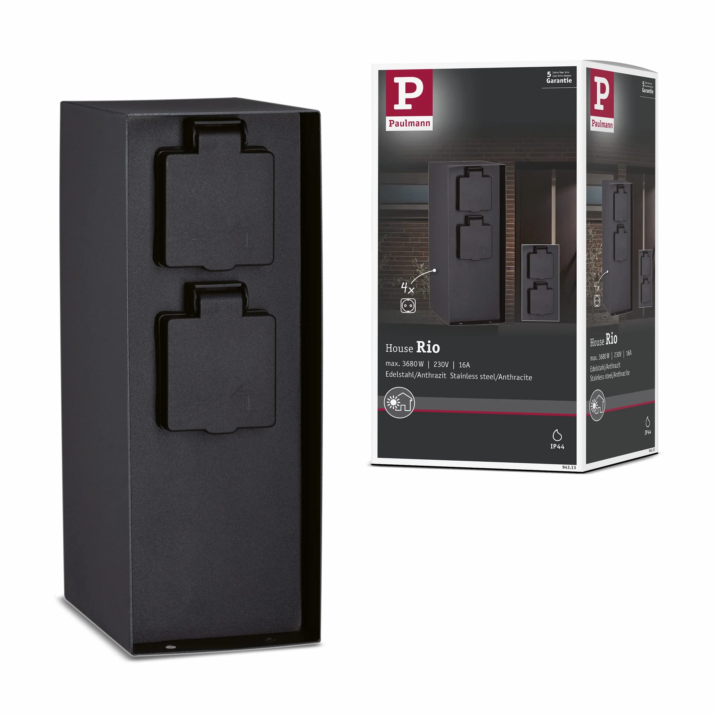 Paulmann 94313 Colonna con prese elettriche Outdoor RIO 4 prese max. 3650 Watt illuminazione per esterni antracite illuminazione da giardino acciaio inox comando