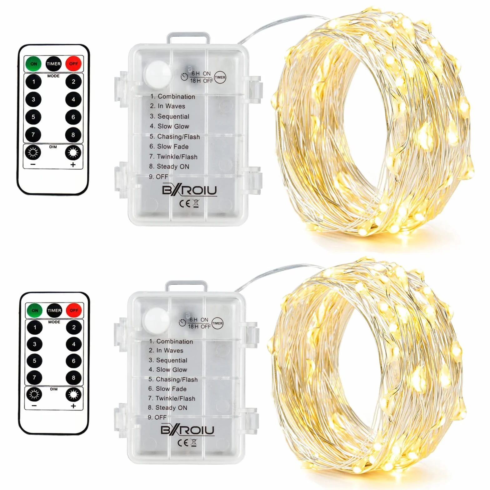 BXROIU 2 x 50 LEDs Stringa Luci a Batteria,Catene Luminose Filo d'Argento 5M,8Modalità,Timer e Telecomando,per Interni ed Esterni,Feste,Matrimoni,Giardino e Decorazione Natalizia(Bianco Caldo)