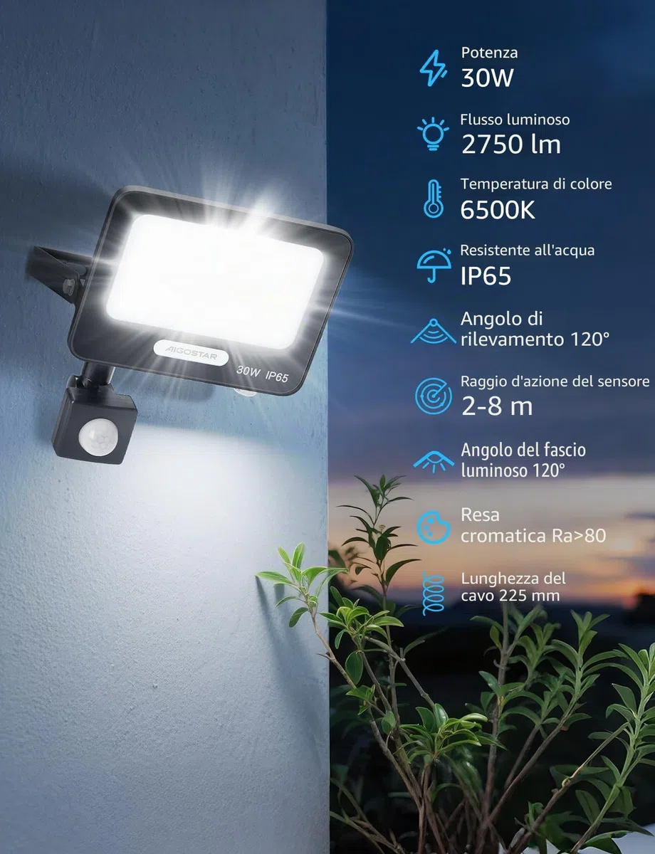 Aigostar- 30W Faretto Led da Esterno con Sensore di Movimento, Faro LED Esterno, 2750LM, Bianco Freddo 6500K, IP65 Impermeabile, Faretti LED per Giardino, Cortile, Patio, Garage, Confezione da 2