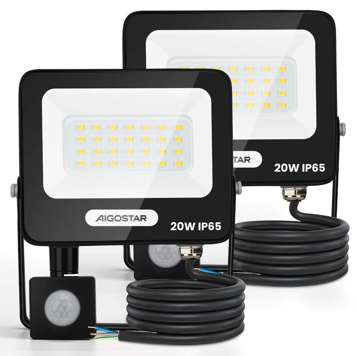 Aigostar 20W Faretto LED da Esterno con Sensore di Movimento，2 pezzi，1650 LM，Bianco Naturale 4000K，IP65 Impermeabile Faretti Led per Interno，Giardino， Cortile，Patio，Garage