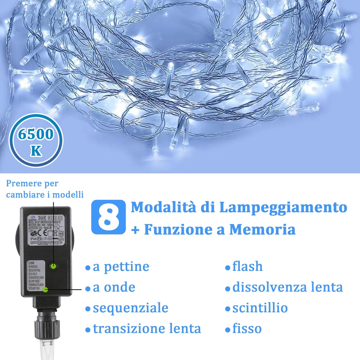 Catena Luci LED 33M 300LED Luci Natalizie Bianco Freddo Stringa Luci 8 Modalità IP44,Catena Lumonosa Decorazione Luci Albero Natale Matrimonio Giardino Patio Mostra Feste
