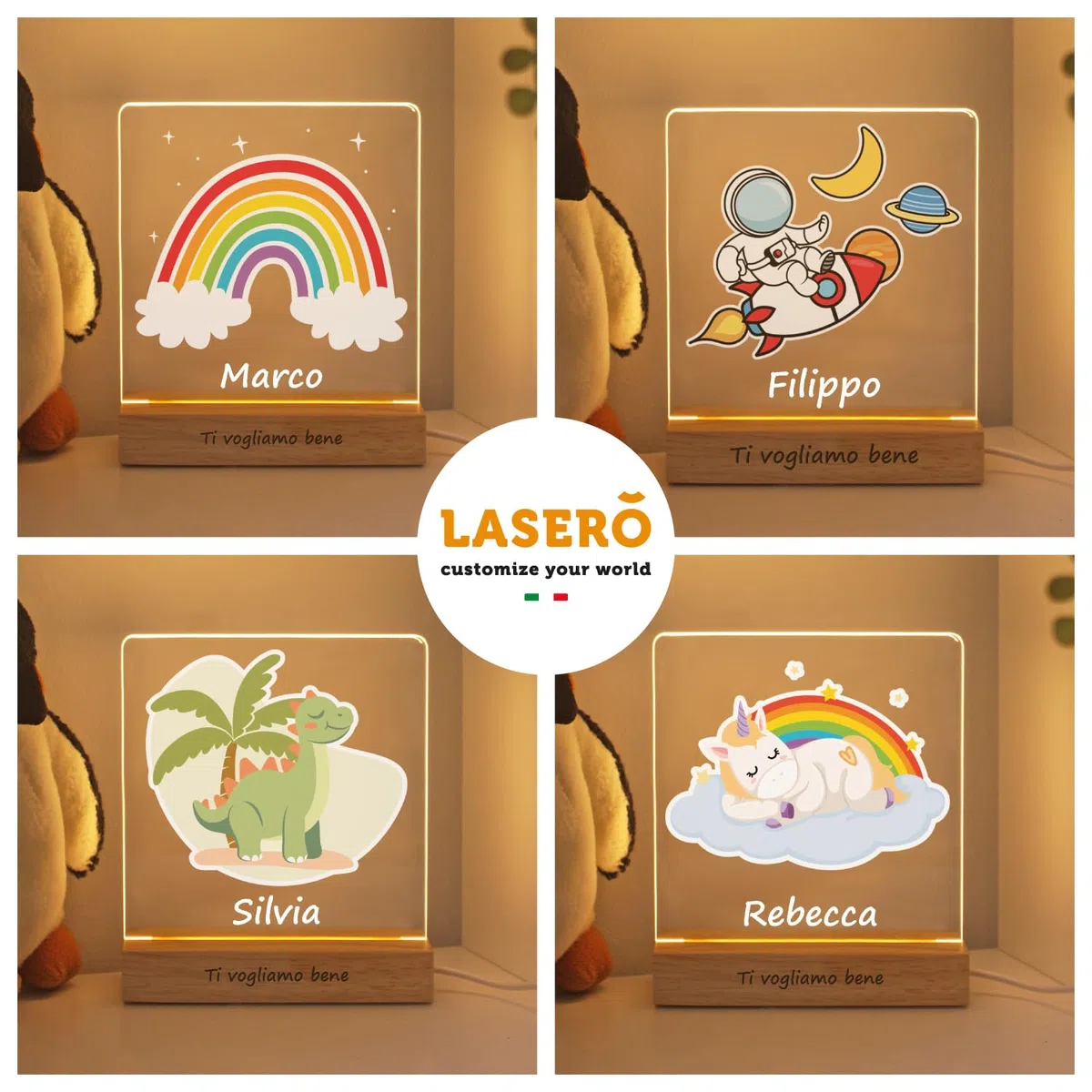 LASERO' Lampada Personalizzata con Nome - Lampada Arcobaleno Bambini e Neonati in Plexiglass Stampato UV – Luce Personalizzata con Nome e Base in Legno – Regalo Nascita o Battesimo (Arcobaleno)