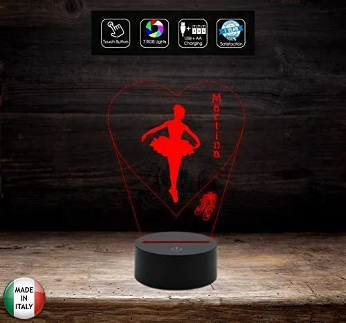 Generico Regalo Ballerina Lampada LED 7 Colori Selezionabili Danza Personalizzabile con Nome Luce da Notte in Acrilico e ABS