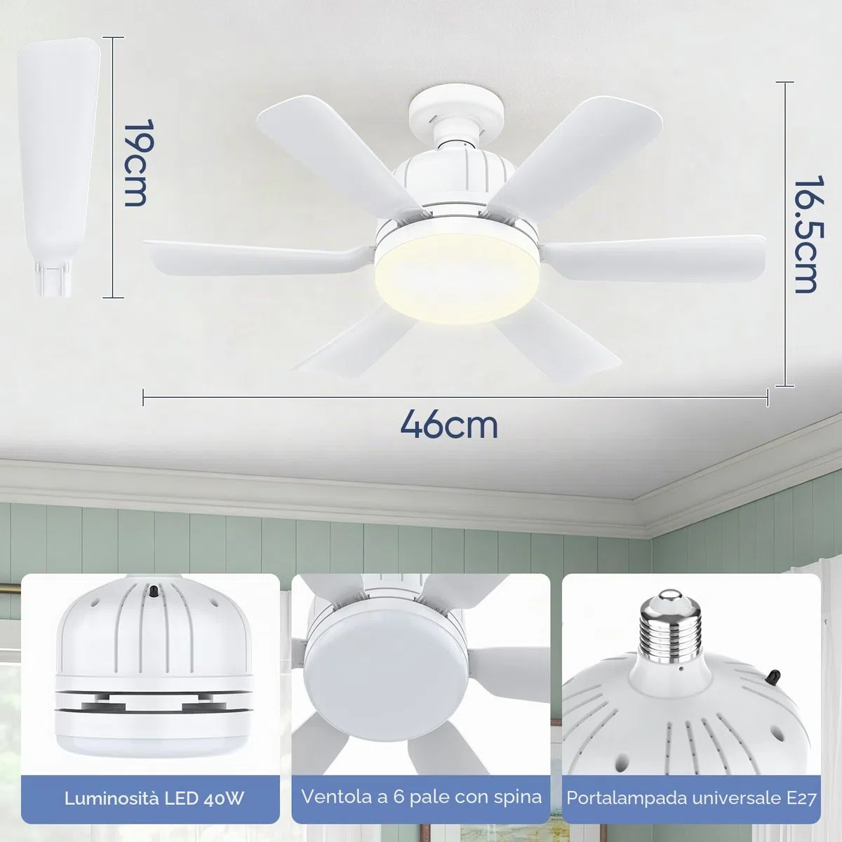 Ventilatore da soffitto con luce e telecomando - Ventilatore da soffitto silenzioso E27 da 46 cm con 3 livelli, lampada LED dimmerabile, 3 livelli di vento, timer 2/4 ore, per la stanza (bianca)