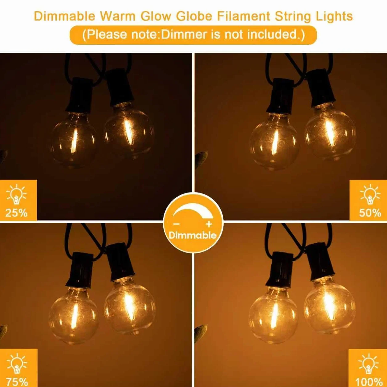 Lampade a Catena Esterno G40 30m/100FT, 50Lampadine LED +2 di Ricambio, Impermeabili IP44, Luce Calda 2200K, per Giardino Terrazzo Feste (30M/100FT, 52)