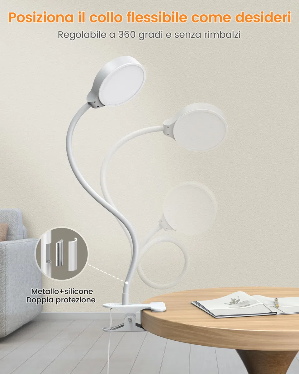 Glocusent 5W Lampada a Morsetto, 36 Lampade da Lettura a LED per Letto, Morsetto per Lampada per la Cura degli Occhi, 3 Colori 5 Livelli di Luminosità, Luce da Lettura con Collo D'oca
