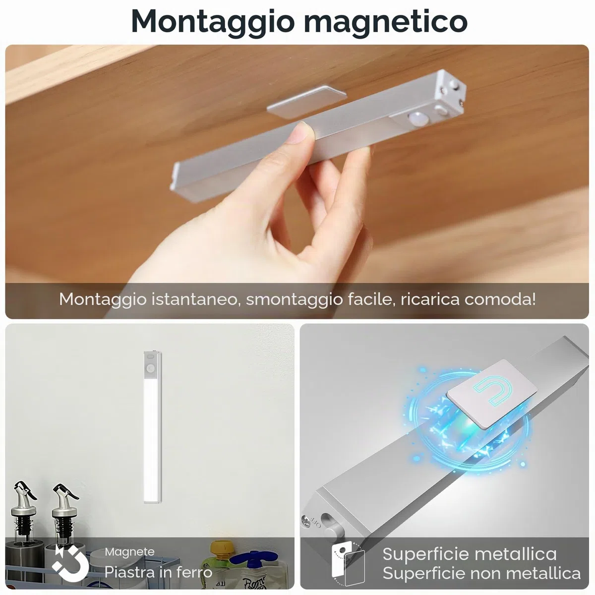 GOODEA Alluminio 6 Dimming Luce Armadio LED Ricaricabile 18cm Senza Fili con Stazione di Carica Barra LED Luce Armadio con Sensore di Movimento luce notturna per Armadio da Lingerie