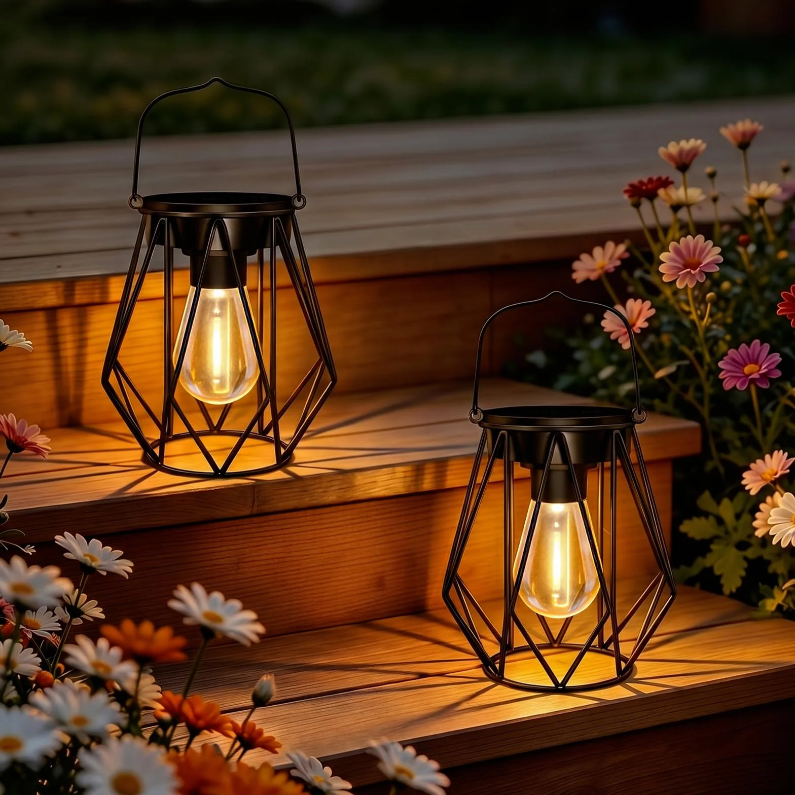 2 Pezzi Lanterna Solare da Esterno, IP65 Impermeabile Metallo Lampada Solare da Giardino, Appendere/In Piedi, Retro LED Lanterne Solari da Esterno per Patio, Terrazza, Decorazione, Balcone