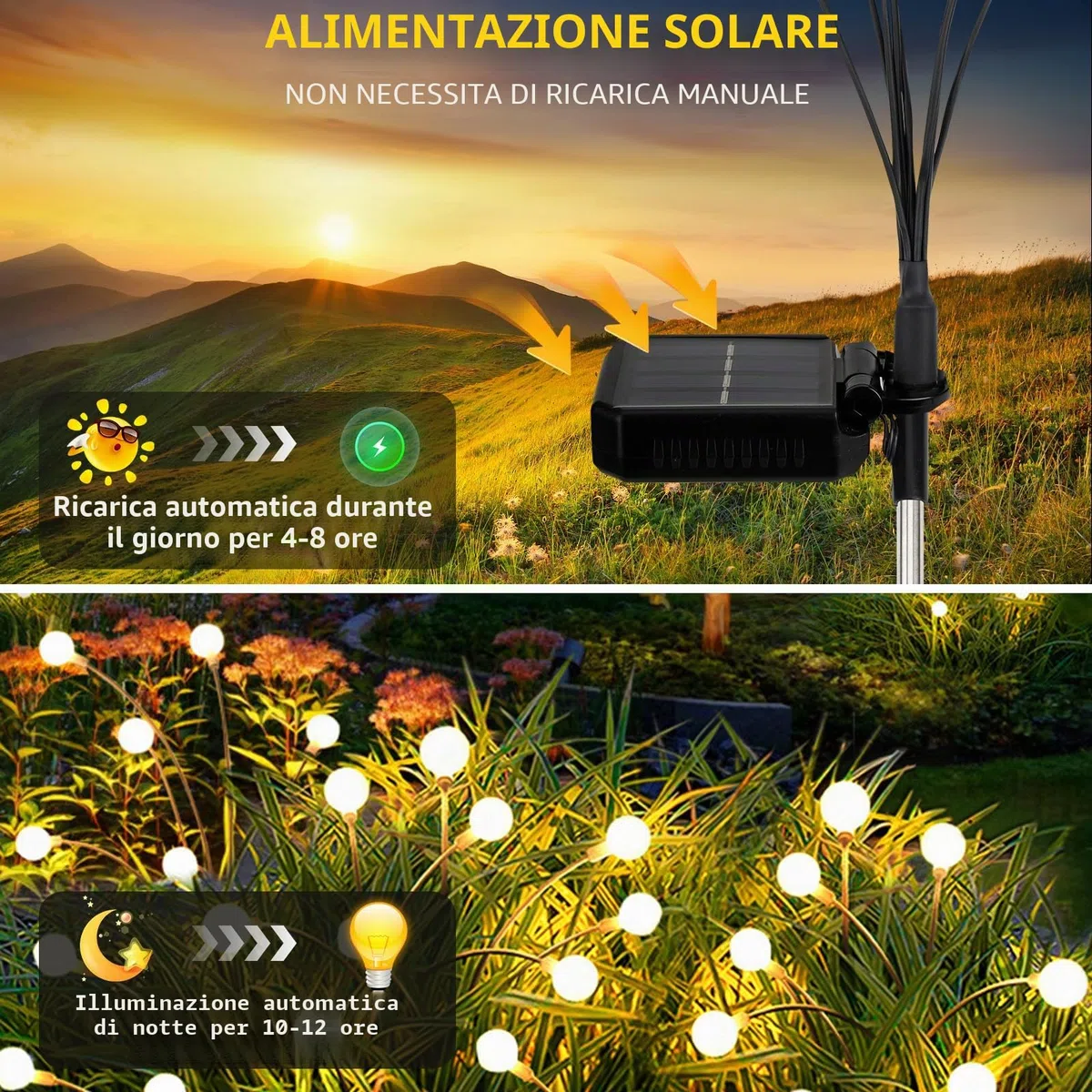 Luci solari per giardino esterno, confezione da 4 8 luci a LED a energia solare, per esterni, altezze aggiornate, modalità opzionali, luce lucciola, impermeabile IP65, luci solari per vialetto,