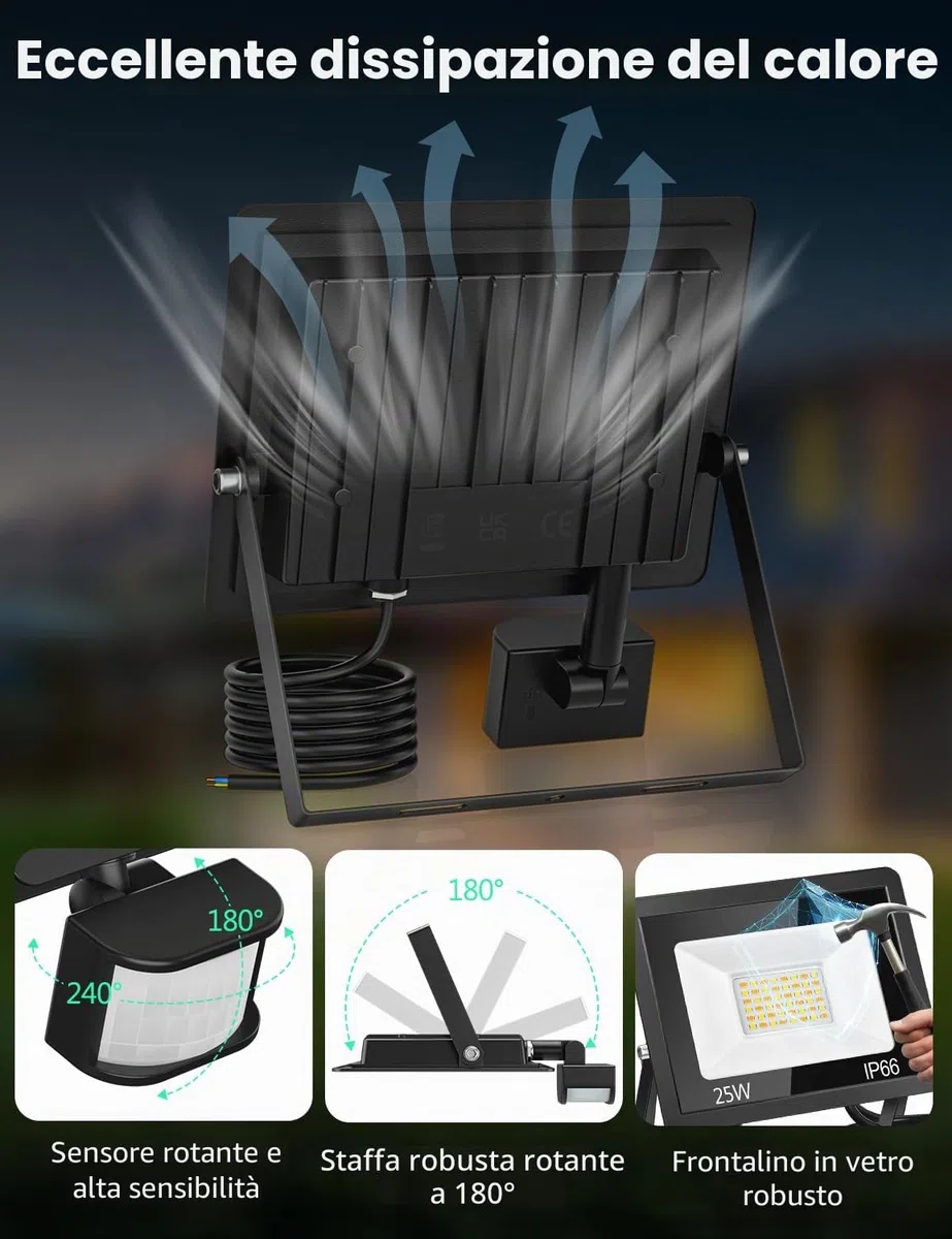 Faretto LED da Esterno con Sensore di Movimento 25W, 48 Led 3000K/4000K/6500K IP66 Impermeabile, Telecomando, 2100LM Luci Faretto LED Interno ed Esterno per Giardino, Cortile