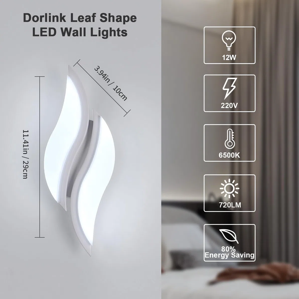 Dorlink Applique da Parete Interno, Lampada da Parete, Applique Camera da Letto Moderno, Creativo Lampada a Muro LED, 6500K Bianca Fredda, Appliques Foglia per Corridoio, Soggiorno, Scala, Bagno 12W