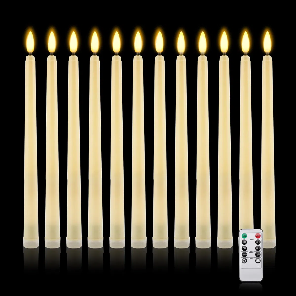IMAGE Candele a LED senza fiamma, funzionamento a batteria, confezione da 12 candele affusolate color avorio con telecomando e timer, luce tremolante realistica per matrimoni, Natale, San Valentino