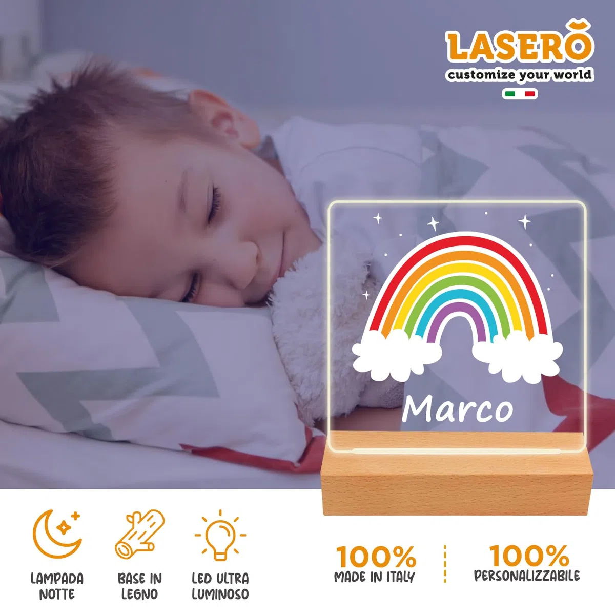 LASERO' Lampada Personalizzata con Nome - Lampada Arcobaleno Bambini e Neonati in Plexiglass Stampato UV – Luce Personalizzata con Nome e Base in Legno – Regalo Nascita o Battesimo (Arcobaleno)