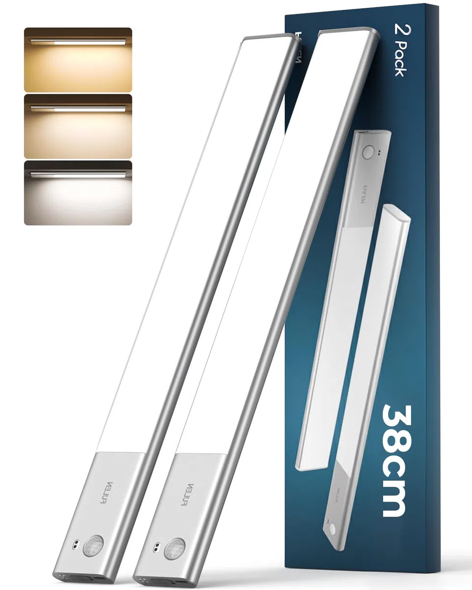 FULEN Luce LED Sottopensile con Sensore di Movimento, Lampada LED Ricaricabile da 3500 mAh Batteria, Barra LED Senza Fili da 35cm per Cucina e Armadio, 3 Temperature di Colore