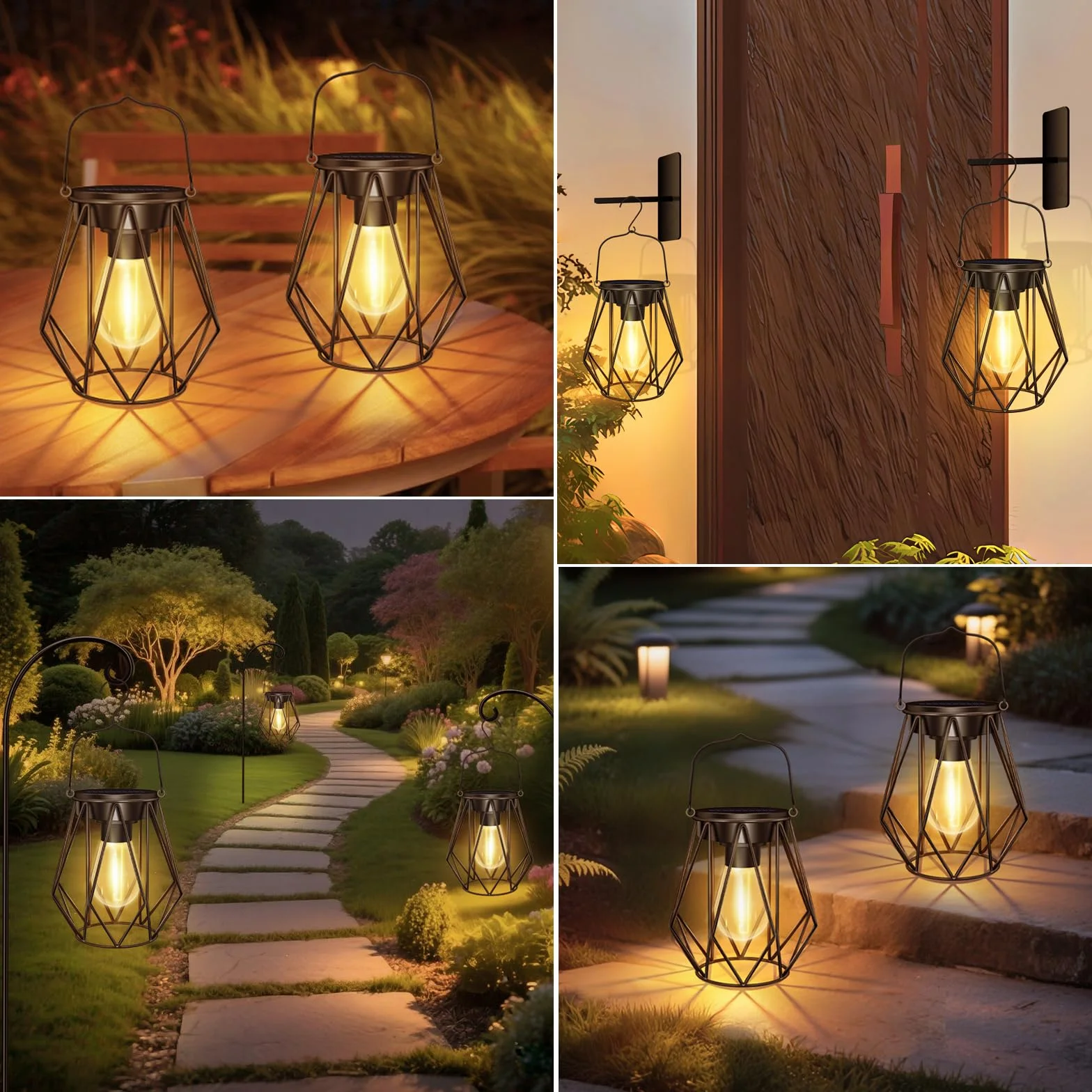 2 Pezzi Lanterna Solare da Esterno, IP65 Impermeabile Metallo Lampada Solare da Giardino, Appendere/In Piedi, Retro LED Lanterne Solari da Esterno per Patio, Terrazza, Decorazione, Balcone