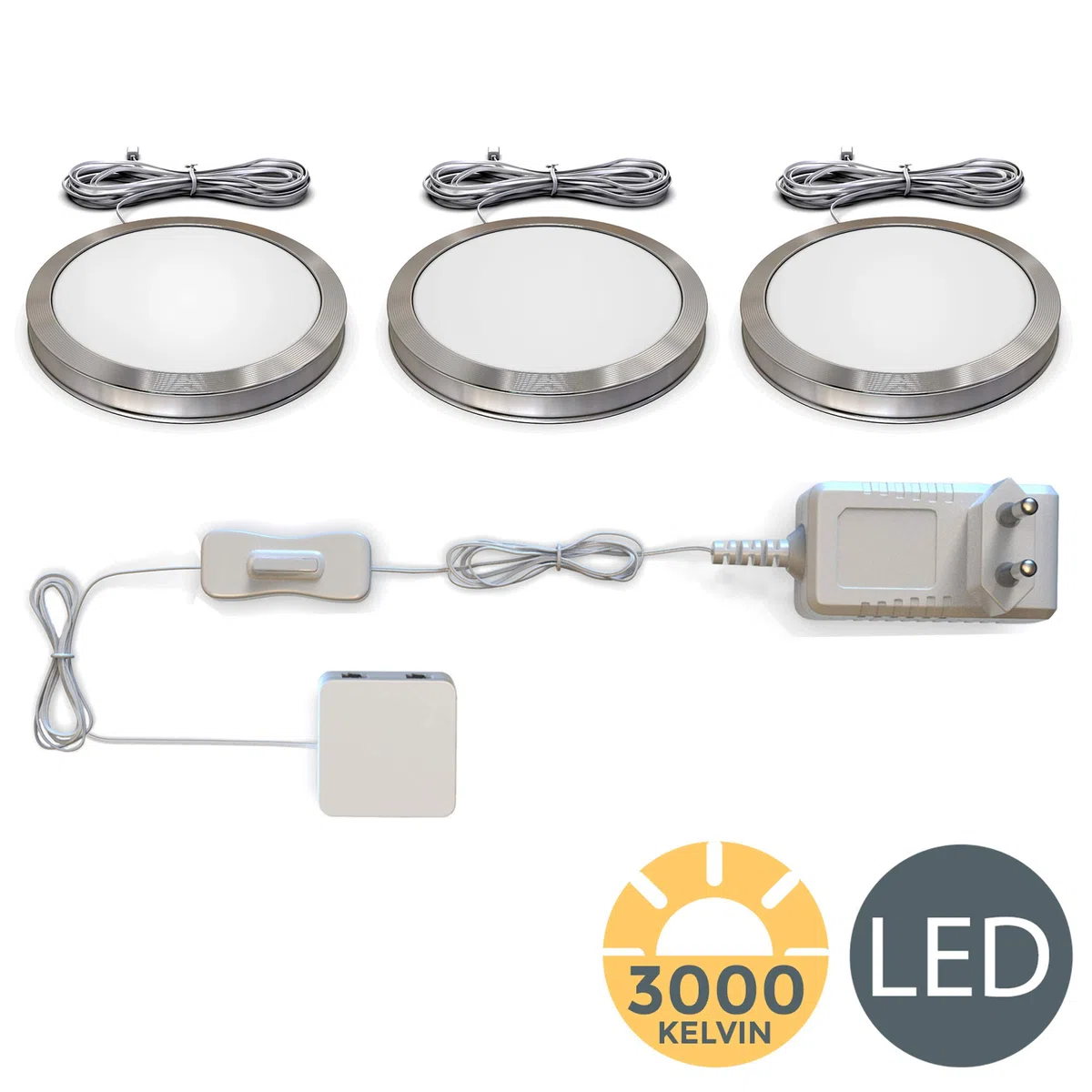 B.K.Licht Set di 3 luci da incasso LED, Kit completo luci sottopensili o per armadi, Lampade LED da cucina o per vetrine, include Accessori montaggio, luce calda 3000K, 3x1.8W, 3x170Lm Ø59mm IP20