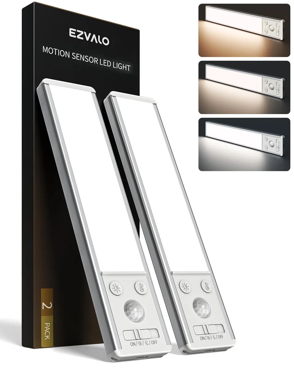 EZVALO Luce Armadio,Barra LED Sottopensile,20cm (2 Pezzi) 62 LED, 1600mAh,3 Temperature Regolabili,Dimmerabile Con Sensore Di Movimento 3 Modalità, Senza Fili Per Guardaroba、Cucina、Corridoio