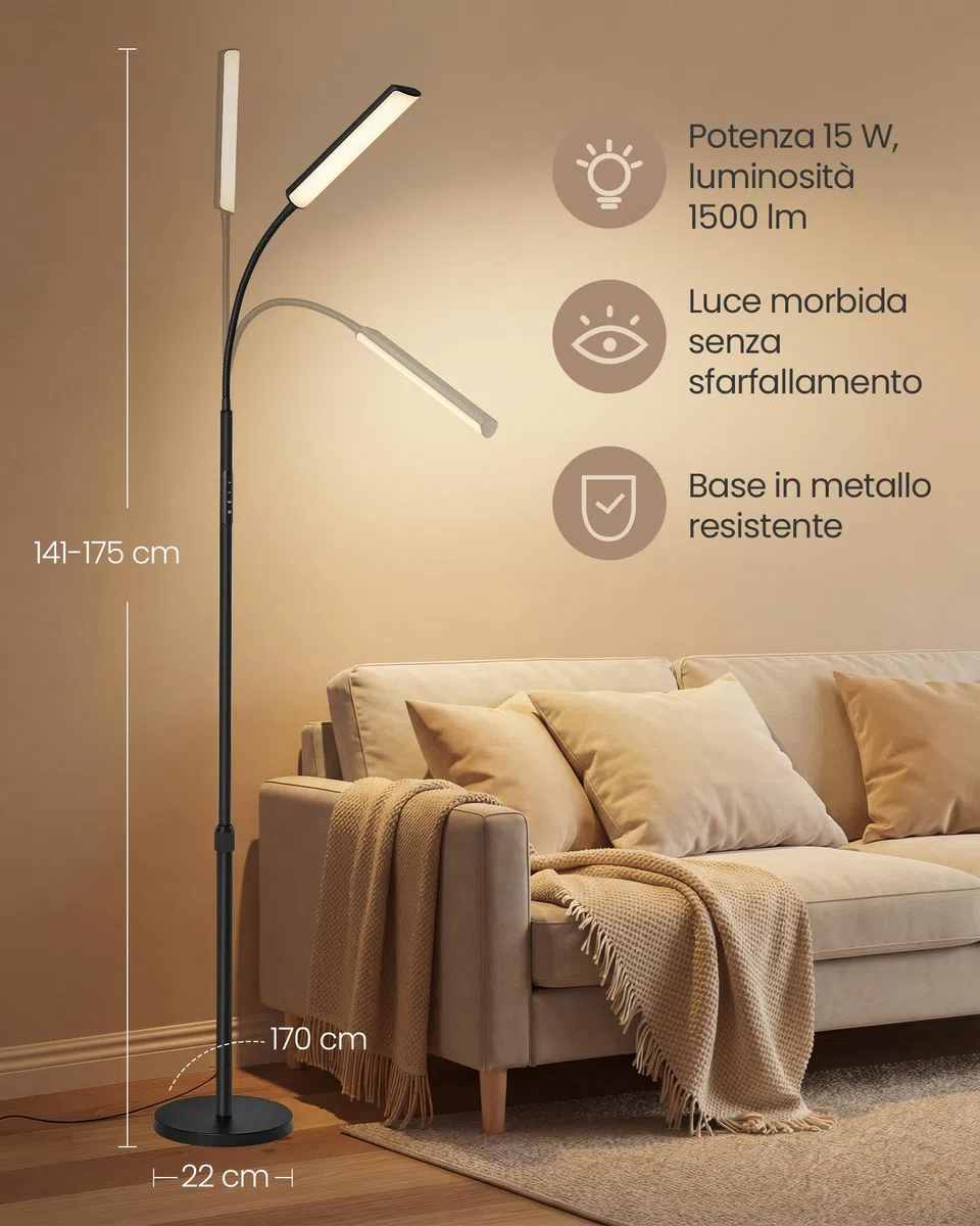 VASAGLE Lampada da Terra, Altezza Regolabile 141-175 cm, Piantana Moderna da 15 W con Testa Flessibile a 360°, Timer e Funzione di Memoria, Pulsante e Telecomando, Soggiorno, Nero Opaco LFL007BD02