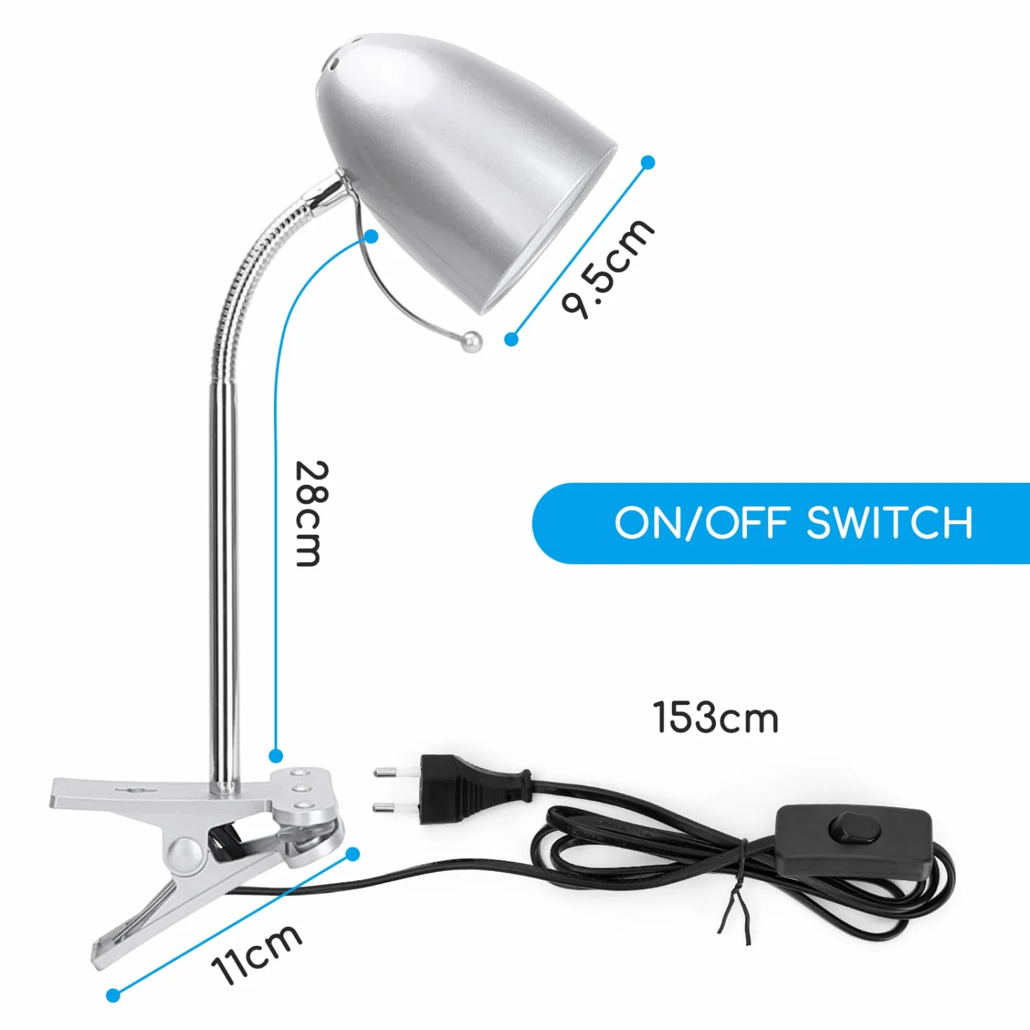 Aigostar Lampada da Lettura con Clip, Lampada da Scrivania Vintage con Clip, Lampadina Non Inclusa, Compatibile con Lampadine Modello E27, con Cavo da 153 cm, Argento