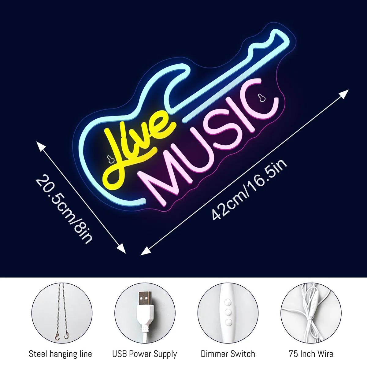 Segno al Neon LED Chitarra Live per Parete USB Alimentazione Regolabile Bar Musicale