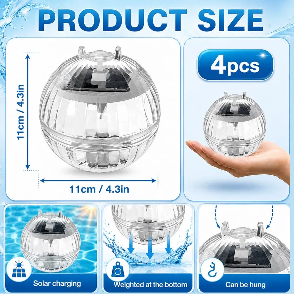 4 Pezzi Lampade Piscina Solari, Lampada Piscina Galleggiante Solare, Luce Solare per Piscina Galleggiante, Accessori per Illuminazione per Piscine, Stagni, Fontane e Fiori da Giardino