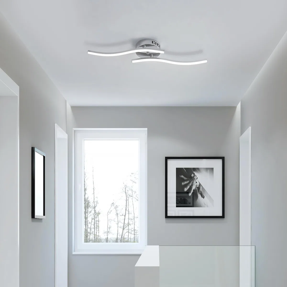 Goeco Plafoniera LED Soffitto Argento 14 W 52 cm 6500K Lampadario da Soffitto con 2 Fiamme Moderni Design Curvo Luce Bianca Fredda Lampada in Acrilico per Camera da Letto Soggiorno Cucina