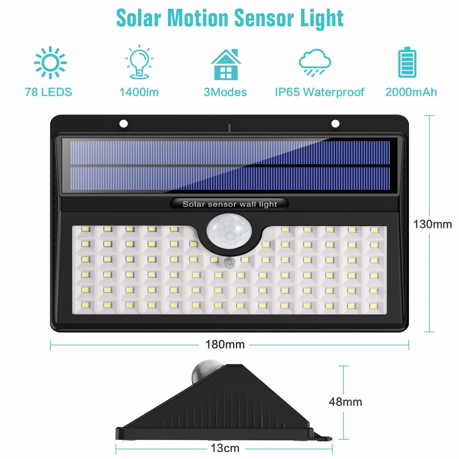 Luci Solari Esterno, 78 LED Super Luminosa con Sensore di Movimento Impermeabile Wireless Luce da Parete con 3 Modalità Lampade di Sicurezza per Giardino