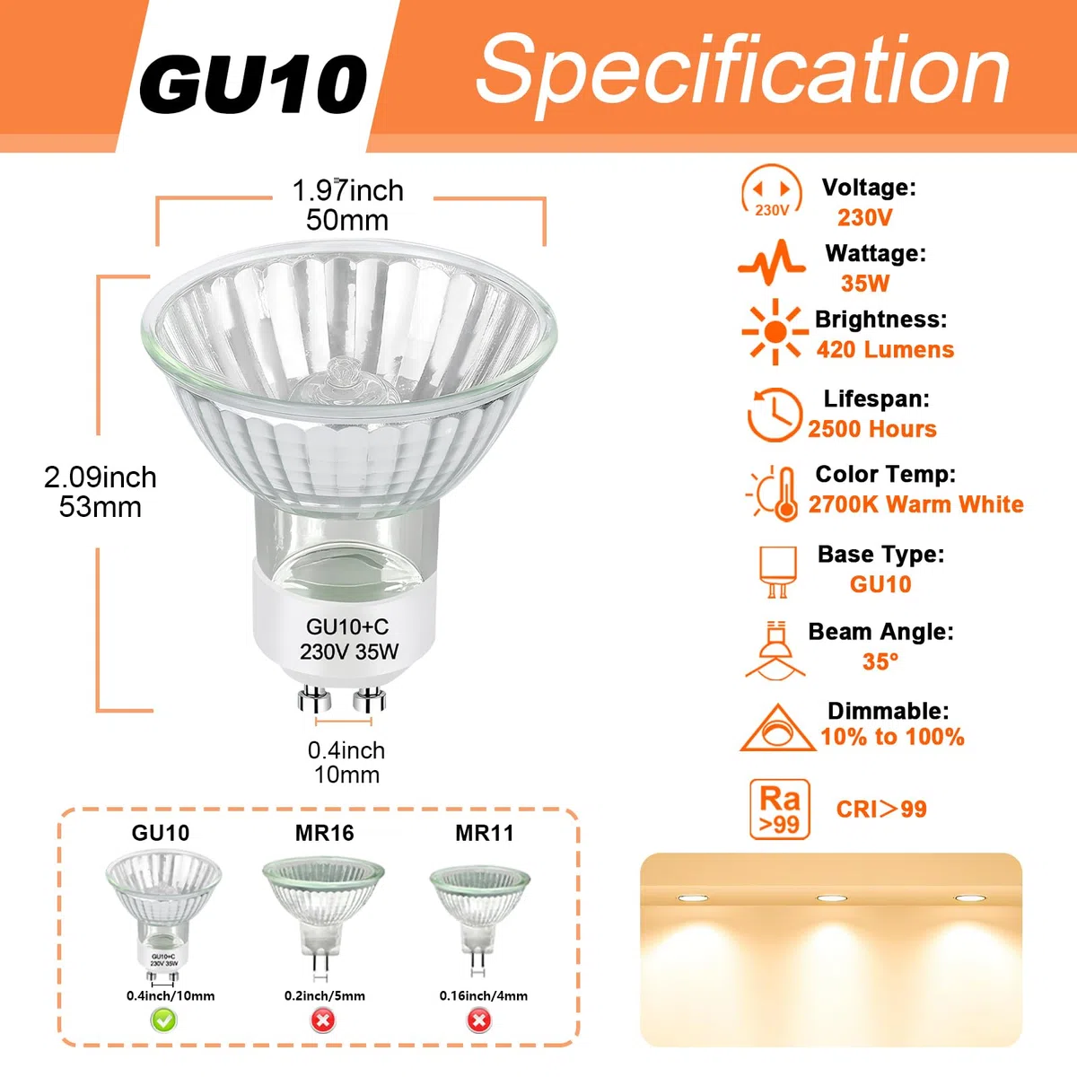 Givurao Lampadina alogena GU10, 35 W, 12 pezzi, GU10, 230 V, 35 W, dimmerabile, luce bianca calda, 2700 K, per scaldabagno, fari, luce per binario, luce calda