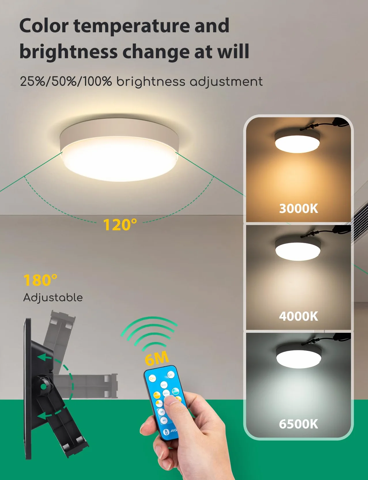 Aigostar Luce Solare Led Esterno con Telecomando 50W 500LM Lampade da Esterno solari IP65 Impermeabile plafoniera solare per interni/esterni, regolabile 3000K/4000K/6500K, Lunghezza cavo 3M