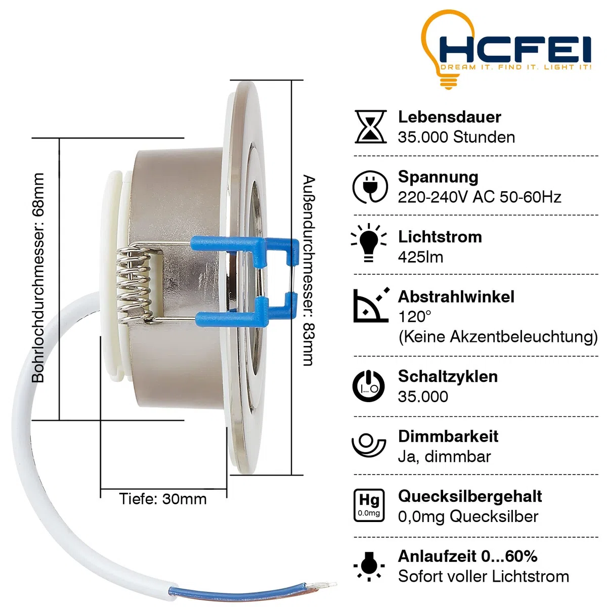 HCFEI 3x Faretti LED da Incasso Argento- Ultra sottile 30mm - Lampada Bianco Caldo 3000K da Incasso per Controsoffitto in Cartongesso - 425 Lumen 5W 230V Dimmerabile IP44 per Bagno Cucina