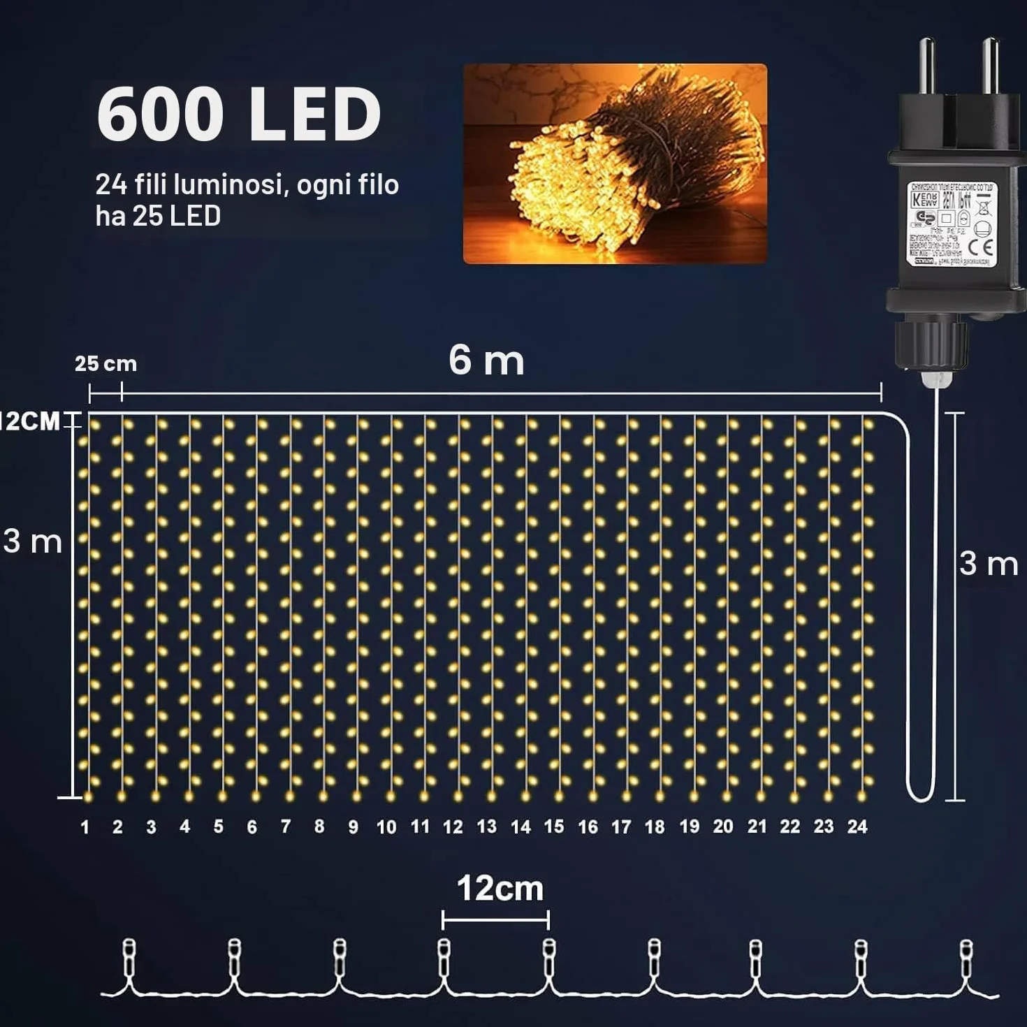 yowin Tenda Luminosa Esterno Interno 6m x 3m 600 LED Cascata Luci Impermeabile IP65 con Timer, 8 Modalità Luci Tenda con Presa per Matrimonio, Gazebo, Finestra, Parete, Giardino - Bianco Caldo